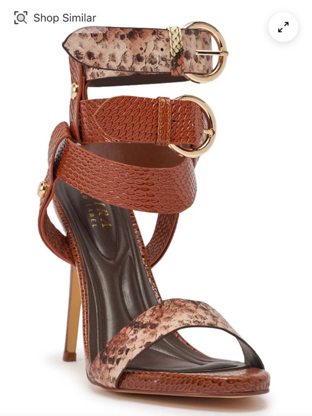AKIRA AKIRA GOLD KADINKSY COGNAC MULTI SNAKE MATERIAL STILETTO SANDAL Size 7.57.
